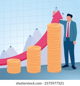 A man touches the upward arrow of the graph. Illustration for increasing investment profit, stock gain and investment value increase.