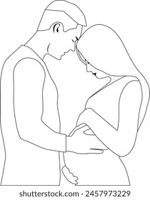 Man touching the belly of his pregnant woman. Outline vector illustration. Transparent background.