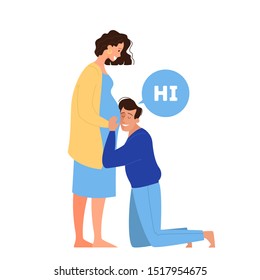 Man touching belly of pregnant wife and saying hi. Happy couple expecting baby. Isolated flat vector illustration