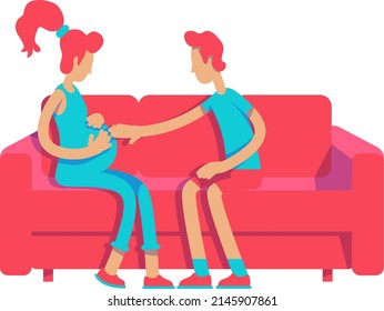 Man touching belly pregnant wife semi flat color vector characters. Pregnacy period. Sitting figures. Full body people on white. Simple cartoon style illustration for web graphic design and animation