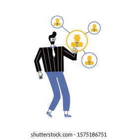 Man touching button, Influencer marketing concept with a social network diagram showing the connection and influence between individuals for advertising strategy