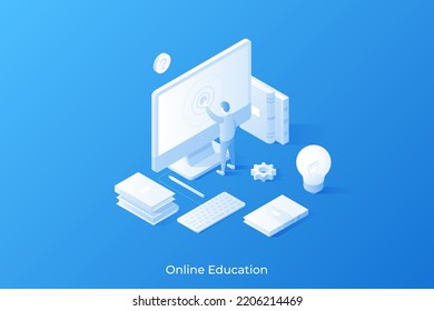 Man touching computer screen, books, lightbulb. Concept of interactive online educational service, distant learning, internet education. Modern white isometric vector illustration for poster, banner.