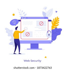 Man touching computer screen with browser window and lock. Concept of web security software, cybersecurity service, antivirus program for internet protection. Flat vector illustration for poster.