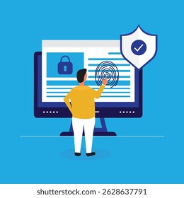 Man touching computer screen with browser window and lock. Concept of web security software