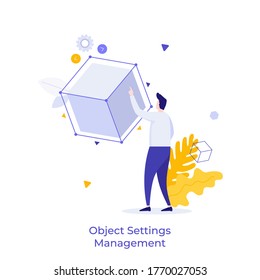 Man touching cube or cubic model. Concept of object settings management, customization, selection of parameters or features, choosing configuration. Modern flat vector illustration for banner.