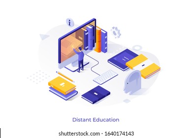 Man touching giant computer screen and books. Concept of distant education, internet course, web learning, digital library, online reading, electronic knowledge. Modern isometric vector illustration.