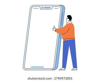 Man touching a giant smartphone blank screen vector illustration. Mobile app, digital marketing, user interface, online chat, social media, tech services. Male user using a large mobile device