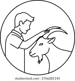 Man touching a goat with long horns in a circular line art illustration