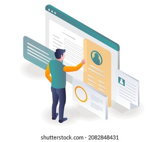 Man touching a high-tech screen in isometric illustration