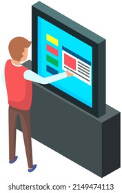 Man touching high-tech screen in isometric illustration standing near digital equipment with information on display, electronic device big monitor, innovation multimedia interface for networking