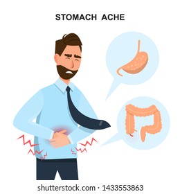 man touching his belly. he get sick about stomach ache cartoon character. vector illustration flat style 