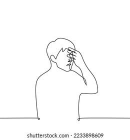 man touching his face with his hand - one line drawing vector. shame, headache or cringe concept