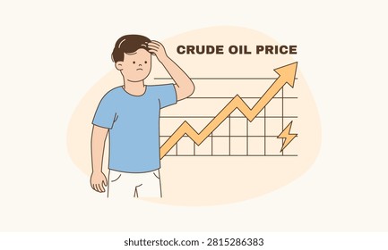 Man Touching his Head while Looking at Rising Crude Oil Price Graph Representing Anxiety Vector