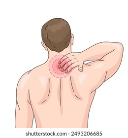 man touching his upper back, indicating pain and discomfort. Highlighting issues of back pain and muscular strain hand drawn schematic vector illustration. Medical science educational illustration