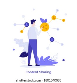 Man touching network structure. Concept of online or digital content sharing, social media activity, internet blogging, transfer of information. Modern flat colorful vector illustration for banner.