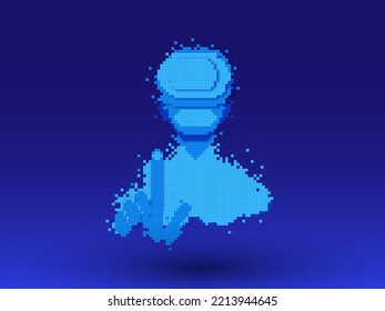 Man Touching A Object Through VR Box In Pixel Art Against Blue Background.