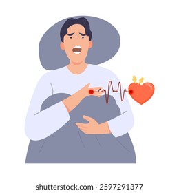 Man touching pulse for chest stress with a disorder heart, patient risk disease cardiac. problem cardiology sudden. symptom panic. Flat vector illustration.