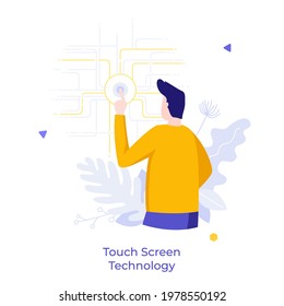 Man touching screen or display with finger. Concept of hi tech touchscreen interface, smart innovative digital technology, user experience. Modern flat colorful vector illustration for banner, poster.