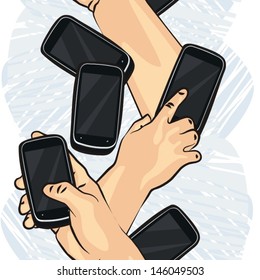 man touching the screen and holding telephone smartphone colorful illustration on white background technology seamless vertical border