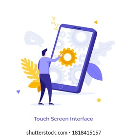 Mann, der Smartphone oder Handy mit Gangrädern auf dem Bildschirm berührt. Konzept der Touchscreen-Schnittstelle für mobile Geräte, Benutzerfreundlichkeit, innovative Technologie. Moderne, flache, bunte Vektorgrafik.