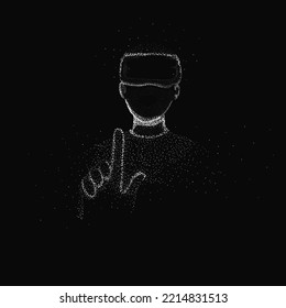 Man Touching A Virtual Object Through VR Box In White Particle Dots On Black Background.