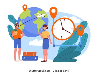 Man with tour agency. Young guy with pineapple cocktail in his hands planning trip. Holiday and vacation. Travel and tourism. Flat vector illustration isolated on white background