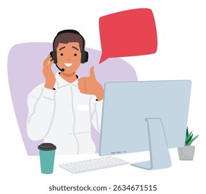 Man tour operator cartoon character wearing headset consulting client online sitting front of computer monitor celebrating successful deal vector illustration. Tourism and travel agency support