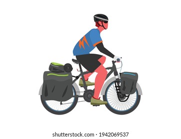 Man touring by bicycle. Simple flat illustration