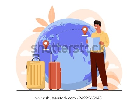 Man with tourism.Young guy with map and suitcases against backdrop of globe. Person planning holiday and vacation. Travel and tourism. Route at world map. Flat vector illustration