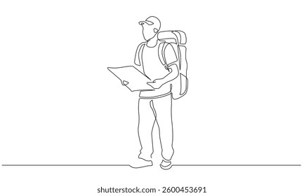 Man Tourist with Backpack Continuous One Line Art Drawing. Male Sport Activity Lifestyle One Line Art Vector Illustration. Tourist with Map in Hands Black Linear Sketch Isolated on White. Not AI
