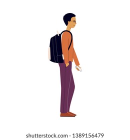 A man tourist with a backpack goes on a trip, tour or travel. Tourist man brunet in pants and a sweater carries your luggage, vector flat illustration