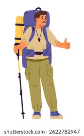 Man tourist with backpack and hiking pole showing thumb up flat vector illustration isolated on white.