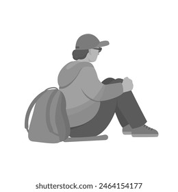 A man tourist with backpack is sitting. Side view. Vector isolated grayscale illustration in flat style.