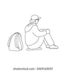 Un hombre turista con mochila está sentado. Vista lateral. Vector ilustración aislada en estilo de línea.
