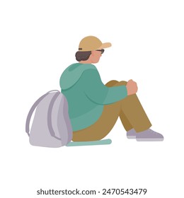 Un touriste avec sac à dos est assis. Vue latérale.  Image vectorielle illustration à l'aquarelle isolée à plat.