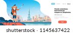 Man tourist backpack taking selfie photo over beautiful Dubai city background cityscape flat horizontal banner copy space vector illustration