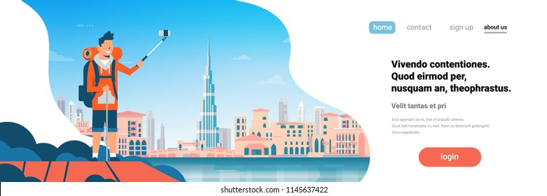 Man tourist backpack taking selfie photo over beautiful Dubai city background cityscape flat horizontal banner copy space vector illustration