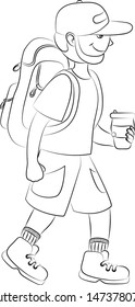 
man tourist with a backpack and a thermos. circuit. black and white. vector and illustration
