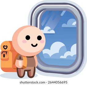 Um homem com uma mochila turística janela branca com vista para o céu com nuvens