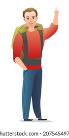Man tourist backpacker. Guy with backpack on his back. Cheerful person. Standing pose. Cartoon comic style flat design. Single character. Illustration isolated on white background. Vector.