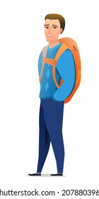 Man tourist backpacker. Guy with backpack on his back. Cheerful person. Standing pose. Cartoon comic style flat design. Single character. Illustration isolated on white background. Vector.