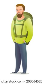 Man tourist backpacker. Guy with backpack on his back. Cheerful person. Standing pose. Cartoon comic style flat design. Single character. Illustration isolated on white background. Vector.