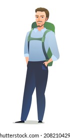 Man tourist backpacker. Guy with backpack on his back. Cheerful person. Standing pose. Cartoon comic style flat design. Single character. Illustration isolated on white background. Vector.