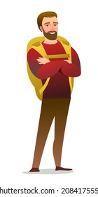 Man tourist backpacker. Guy with backpack on his back. Cheerful person. Standing pose. Cartoon comic style flat design. Single character. Illustration isolated on white background. Vector.