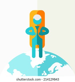 Man with tourist bag standing on the globe. Flat style. Vector illustration