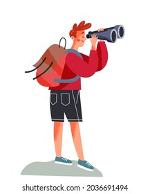 Hombre turista con binoculares e ilustración vectorial de mochila. Caricaturista viajante caricaturista masculino de pie, senderismo, sujetar equipo óptico de viaje para buscar, aventura turística aislada en blanco