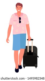 Man tourist with black suitcase on wheels. Happy male character, traveler. Young guy in shorts and pink shirt going on vacation. Vector illustration in flat cartoon style