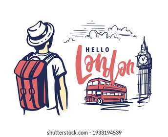 Man tourist came to London, red bus and Big Ben. Travel sketch theme with landmarks. Illustration for prints on t-shirts bags, posters, cards