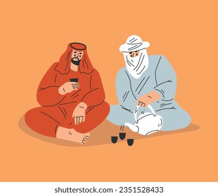 Man Tourist Camping in Desert Sitting and Talking Drinking Tea Vector Illustration
