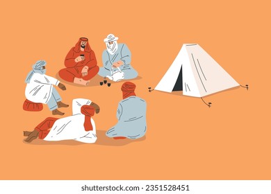 Man Tourist Camping in Desert Sitting and Talking Near Tent Drinking Tea Vector Illustration